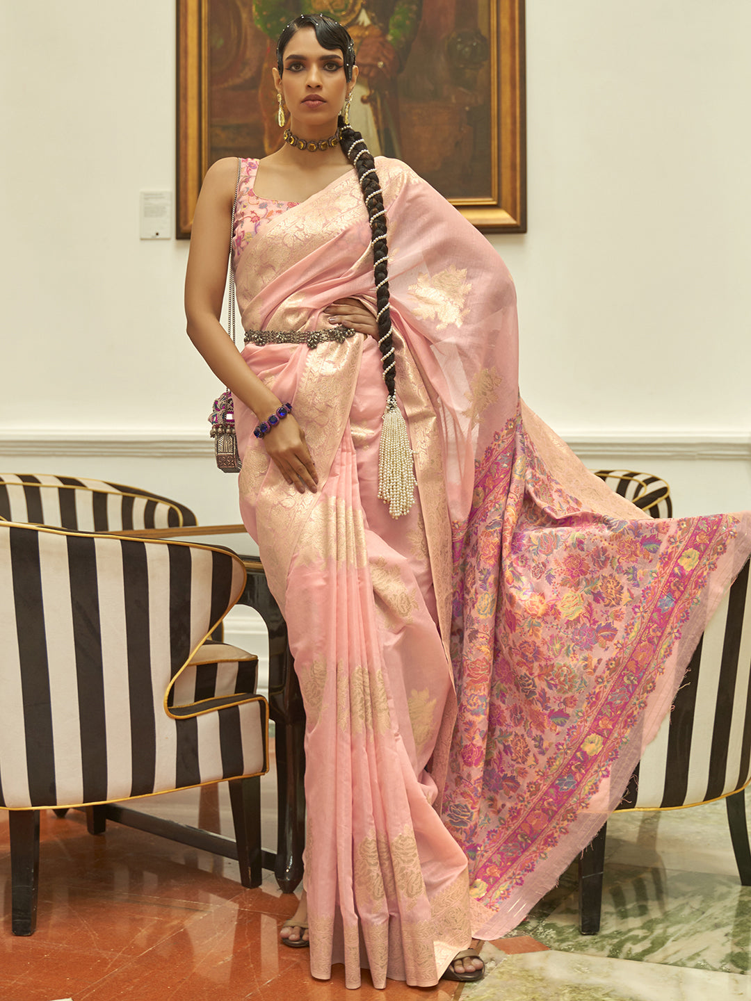 Blush Elegance Silk Blend Pink Designer Saree with Blouse Piece