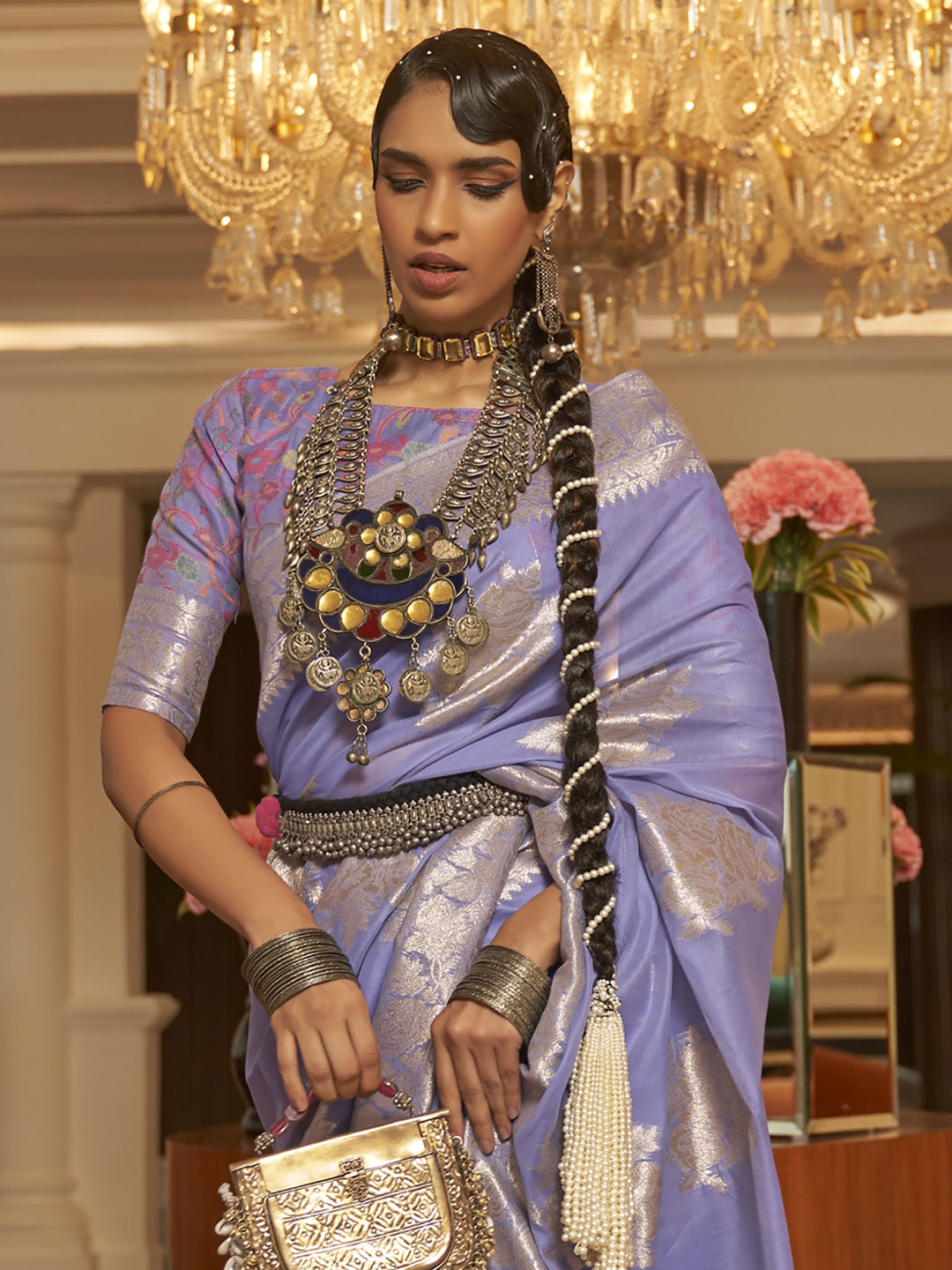 Lilac Whisper Silk Blend Lavender Designer Saree with Blouse Piece