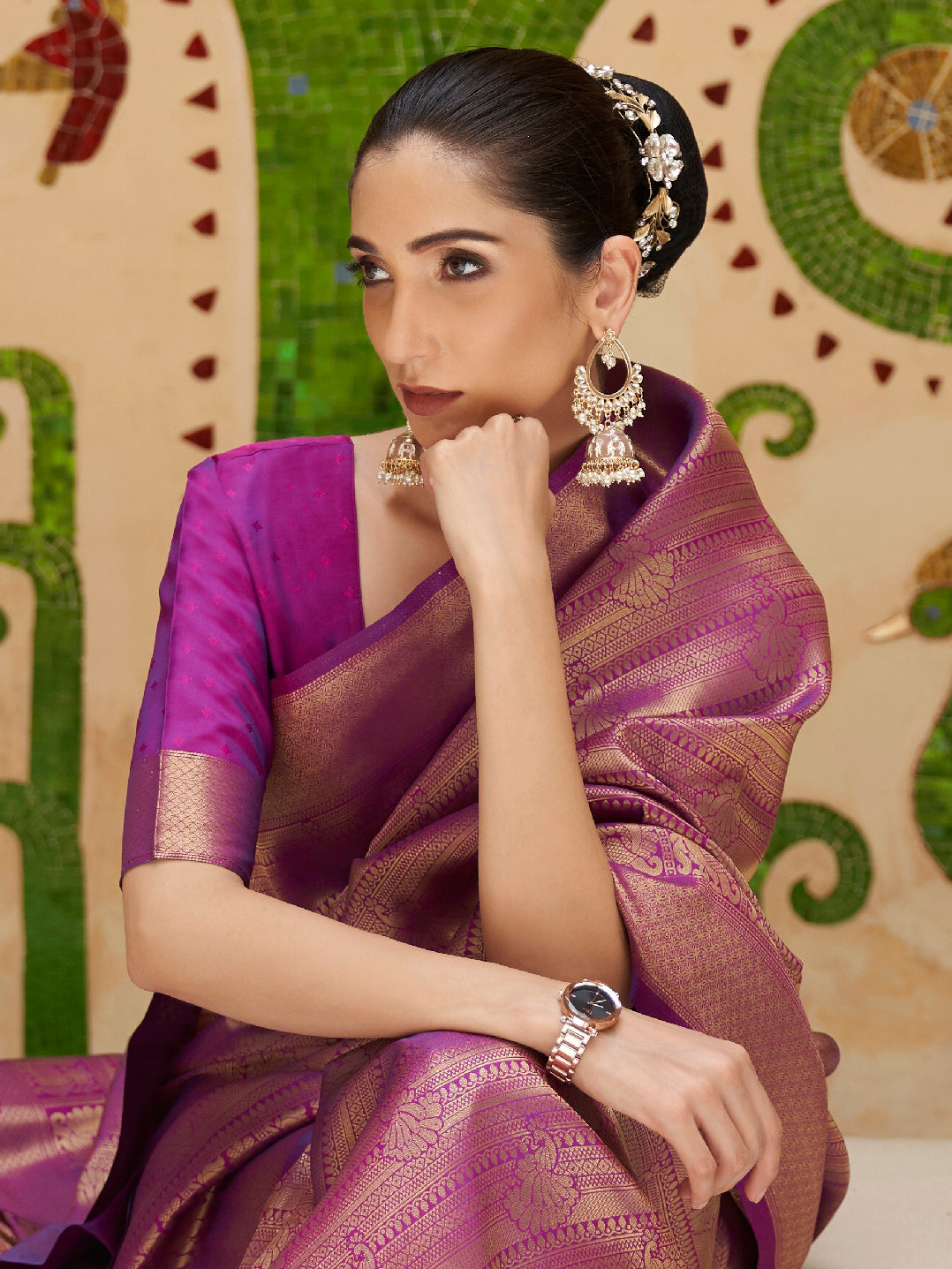 Silk Blend Magenta Woven Design Handloom Saree with Blouse Piece