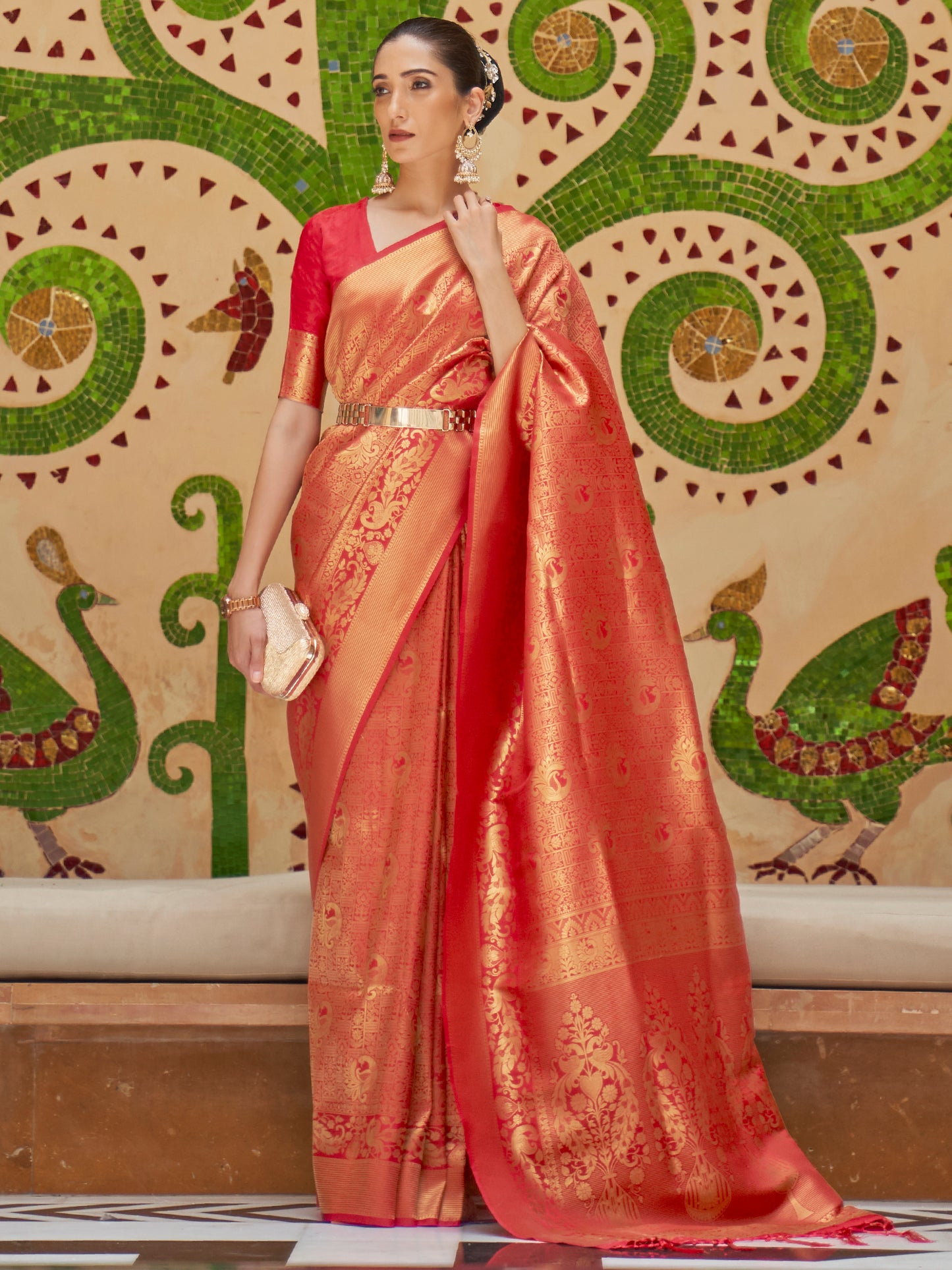 Silk Blend Red Woven Design Handloom Saree with Blouse Piece