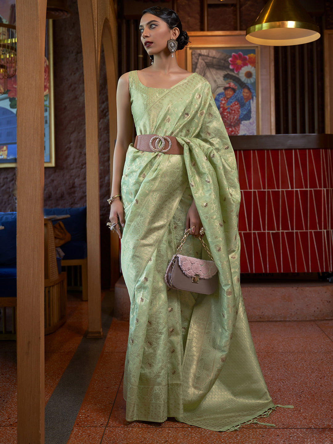 Mint Whisper Silk Blend Light Green Designer Saree with Blouse Piece