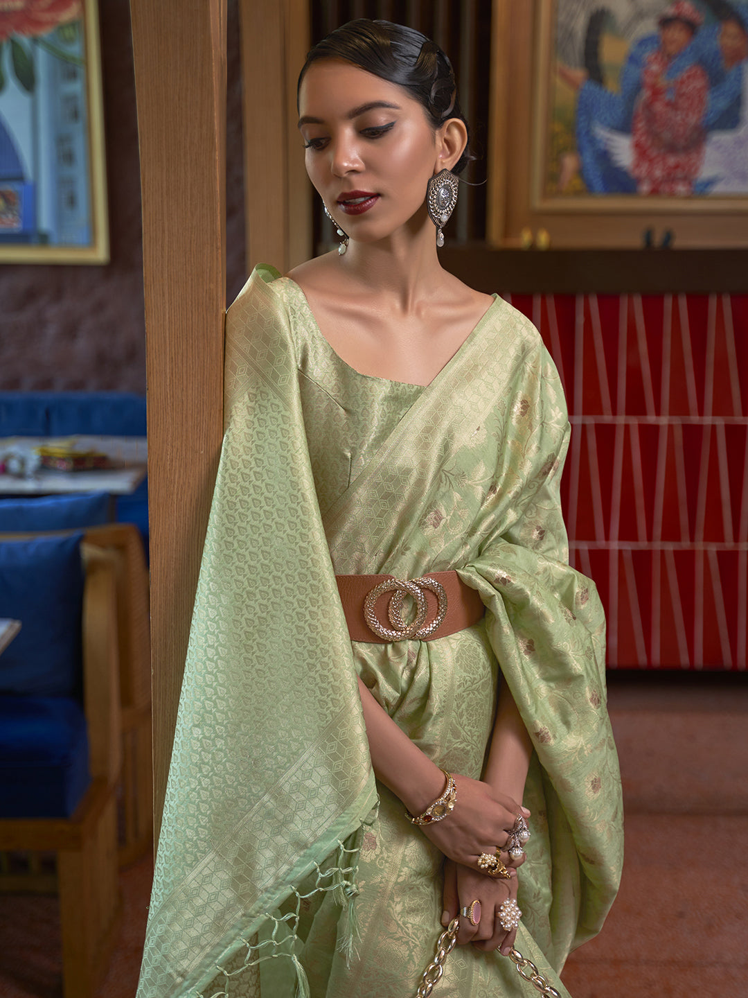 Mint Whisper Silk Blend Light Green Designer Saree with Blouse Piece