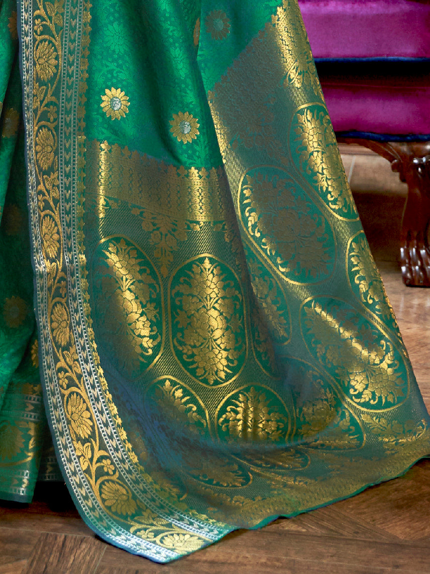 Silk Blend Teal Green Woven Design Handloom Saree with Blouse Piece