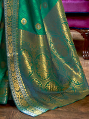 Silk Blend Teal Green Woven Design Handloom Saree with Blouse Piece