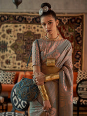 Moonlit Grey Silk Blend Handloom Saree with Copper Zari & Blouse Piece