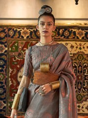 Moonlit Grey Silk Blend Handloom Saree with Copper Zari & Blouse Piece