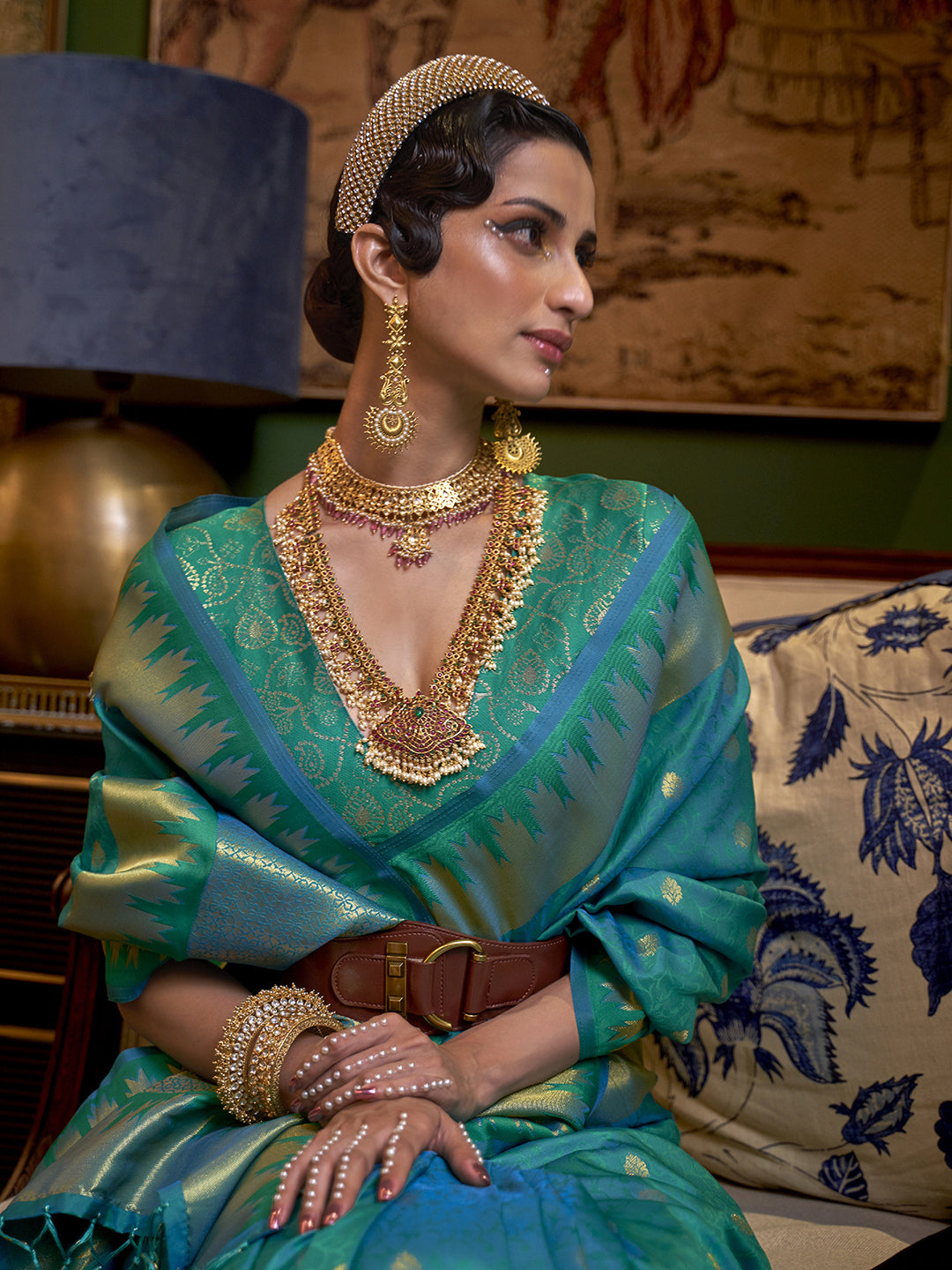 Teal Tranquil Silk Blend Woven Designer Saree with Blouse Piece