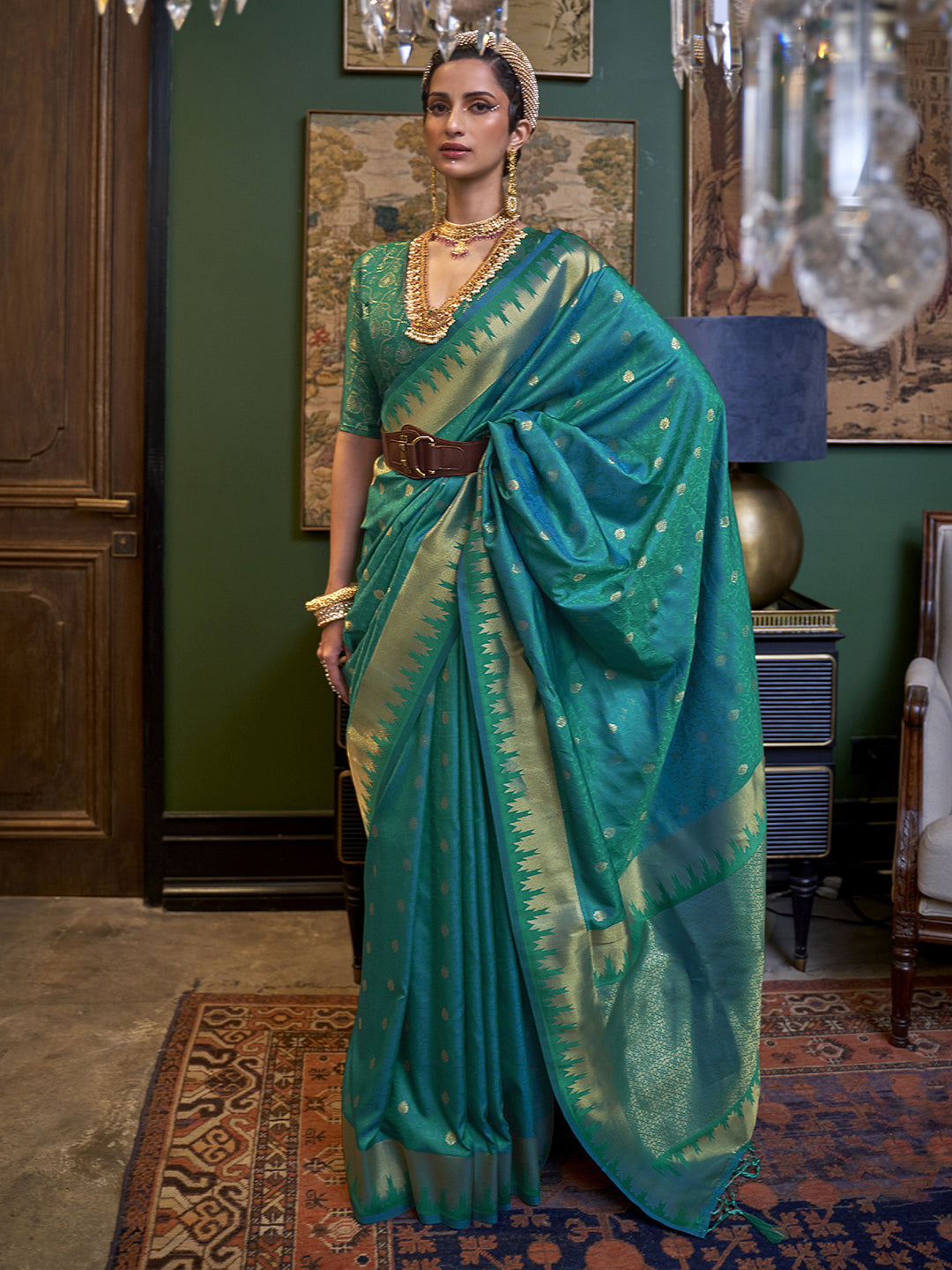 Teal Tranquil Silk Blend Woven Designer Saree with Blouse Piece