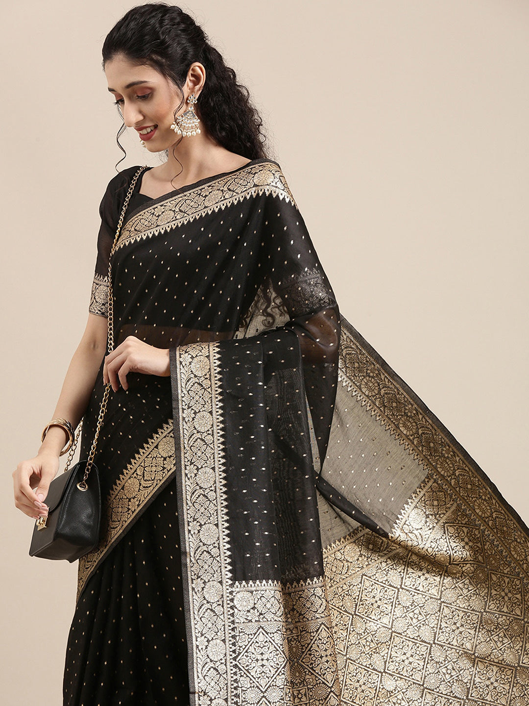 Midnight Charm Modal Black Woven Saree with Blouse Piece