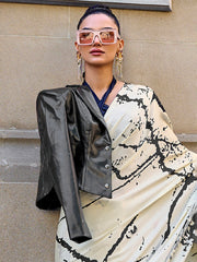 Ivory & Black Abstract Print Saree with Contemporary Drape