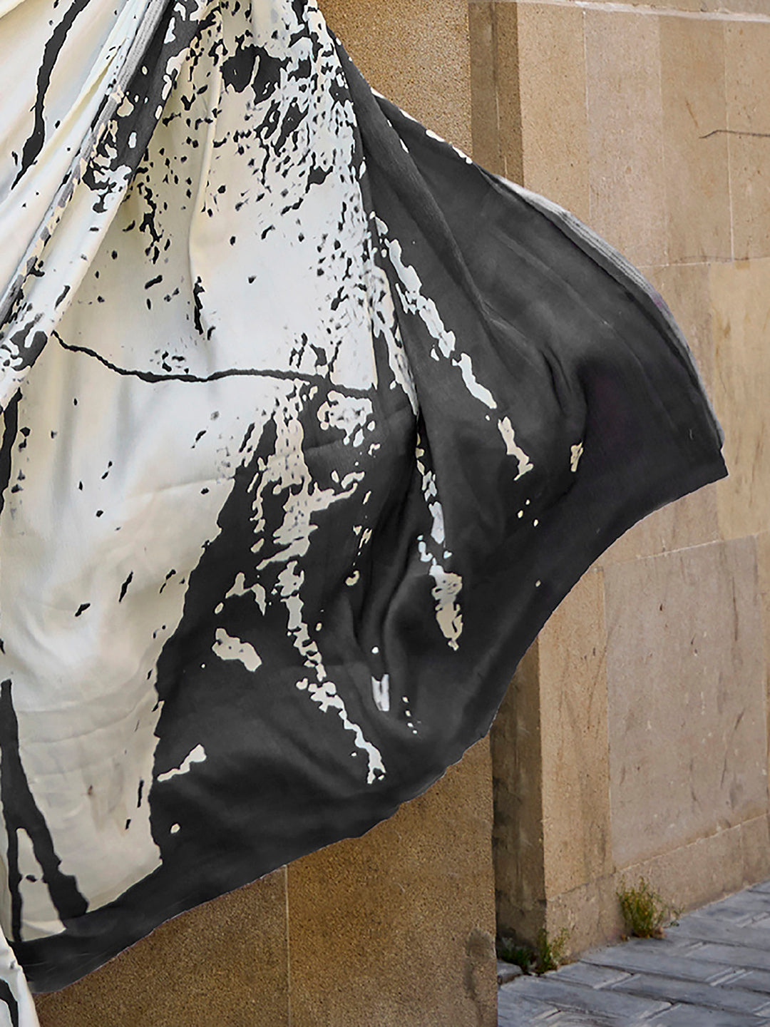 Ivory & Black Abstract Print Saree with Contemporary Drape