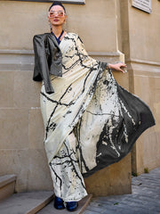 Ivory & Black Abstract Print Saree with Contemporary Drape