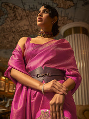 Magenta Glow Nylon Satin Designer Saree with Blouse Piece