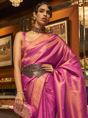 Magenta Glow Nylon Satin Designer Saree with Blouse Piece