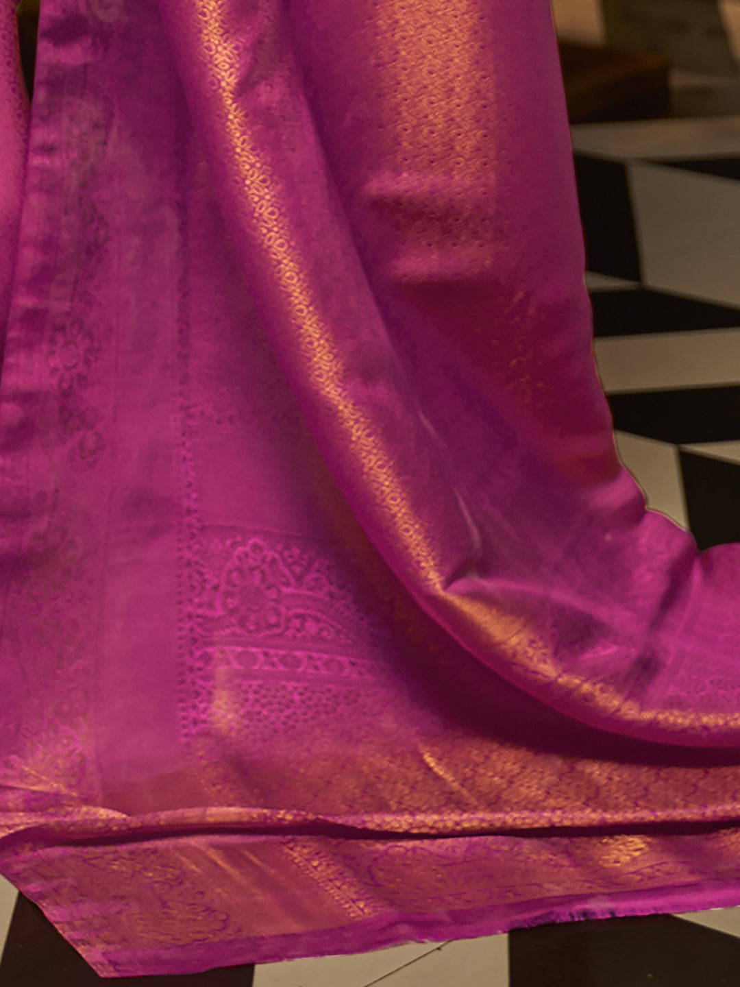 Magenta Glow Nylon Satin Designer Saree with Blouse Piece
