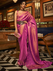 Magenta Glow Nylon Satin Designer Saree with Blouse Piece