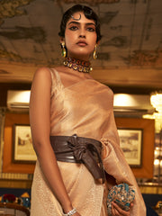 Golden Glow Nylon Satin Cream Designer Saree with Blouse Piece