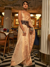 Golden Glow Nylon Satin Cream Designer Saree with Blouse Piece