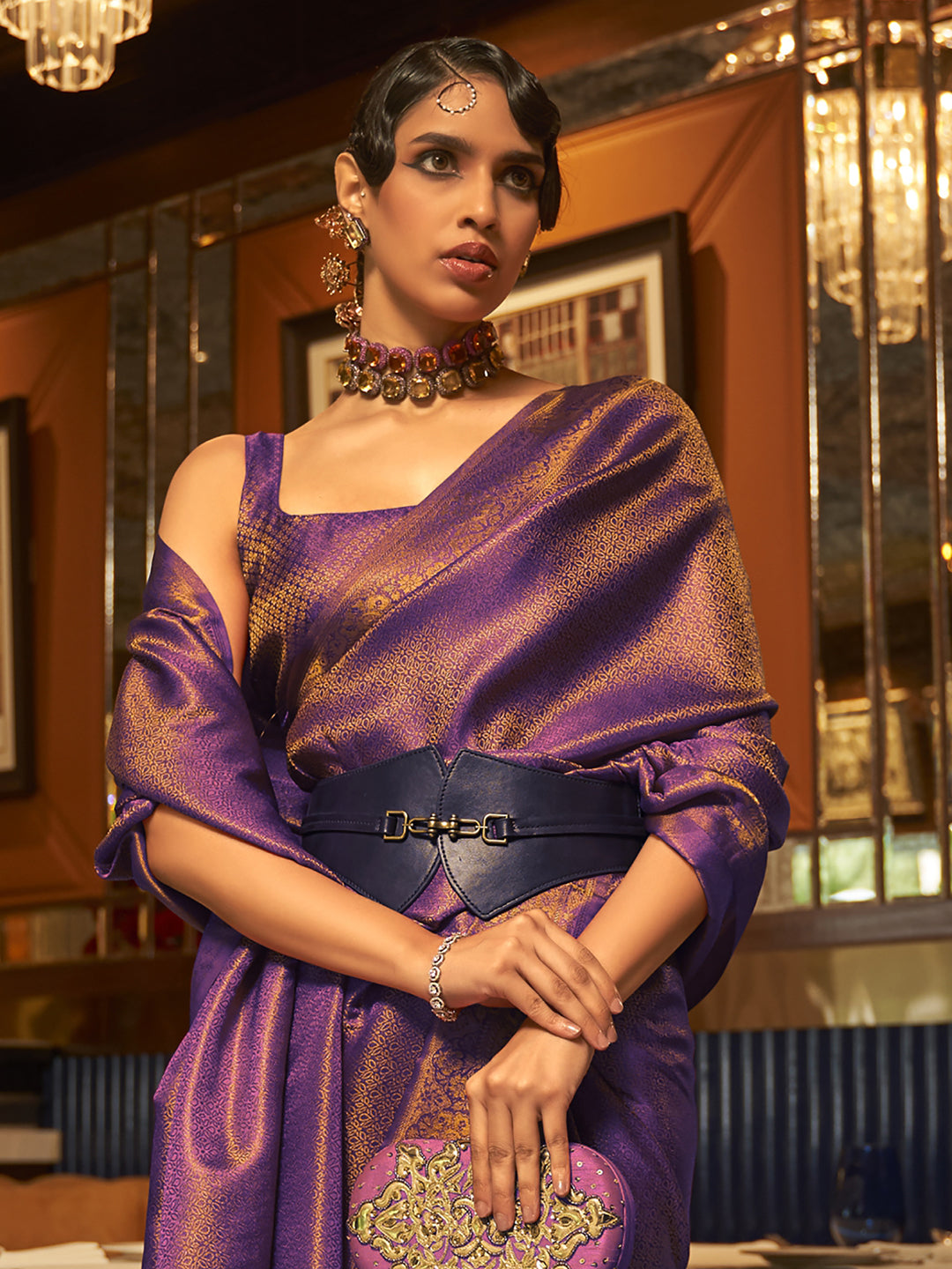 Royal Radiance Nylon Satin Purple Designer Saree with Blouse Piece