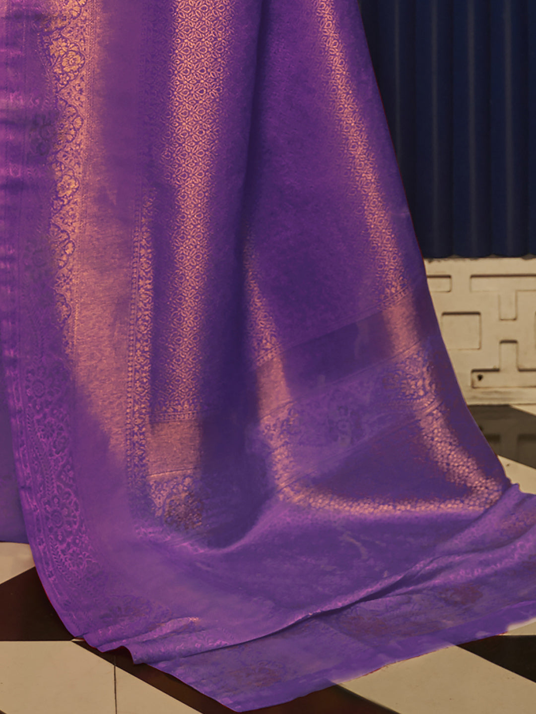 Royal Radiance Nylon Satin Purple Designer Saree with Blouse Piece