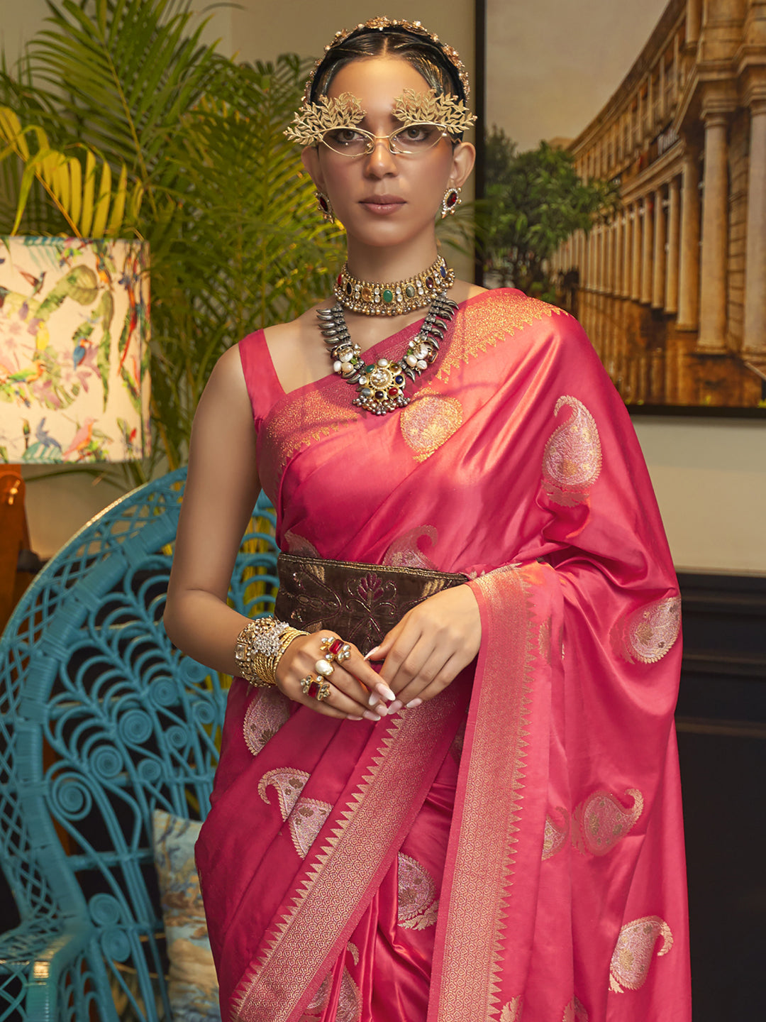 Rosy Radiance Silk Blend Pink Designer Saree with Blouse Piece