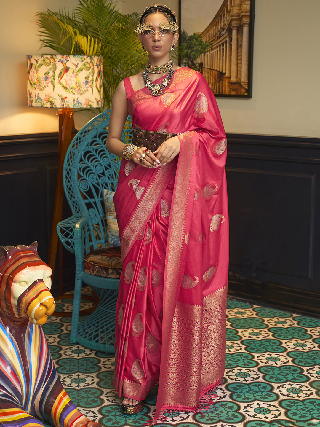 Rosy Radiance Silk Blend Pink Designer Saree with Blouse Piece