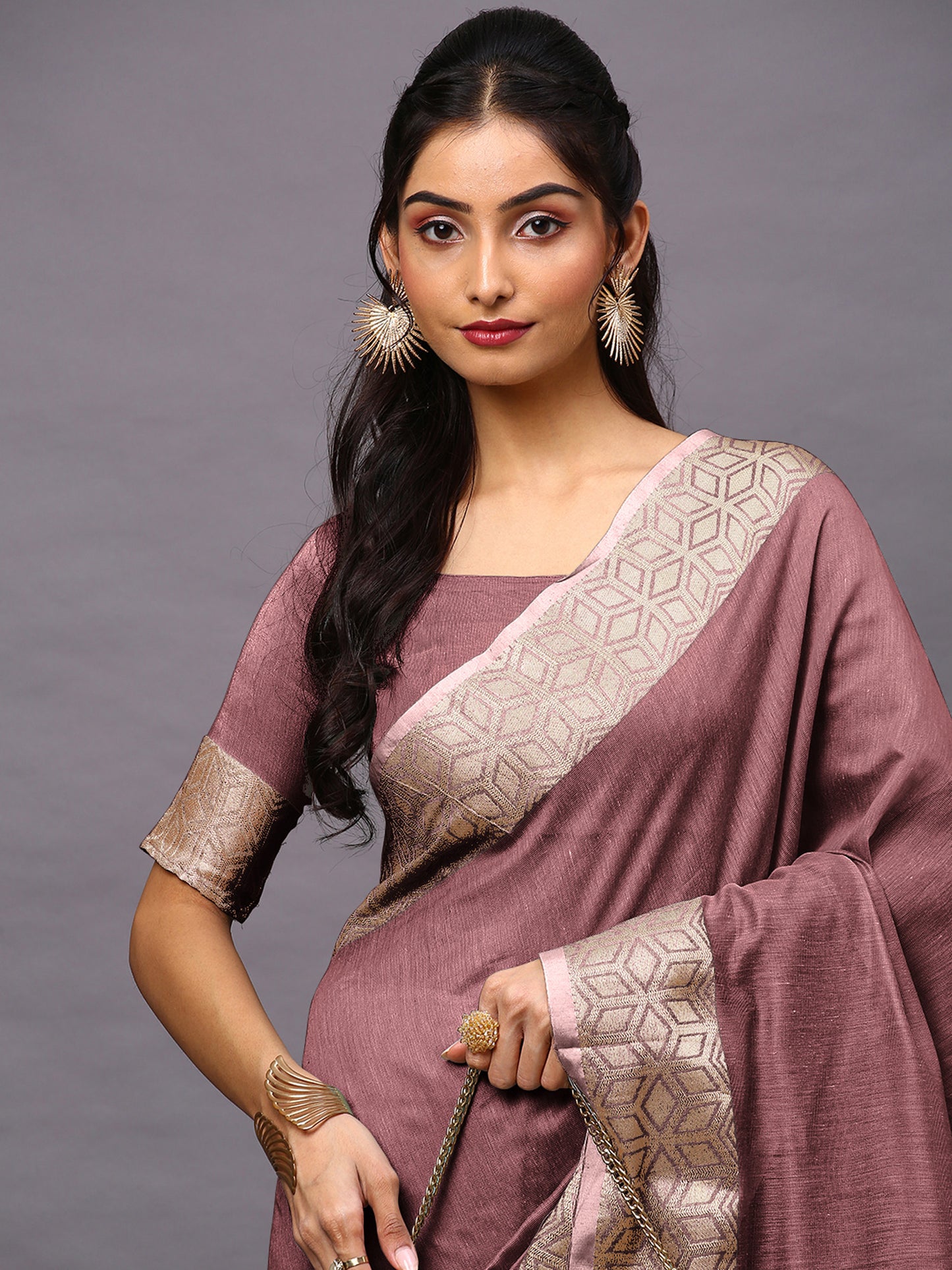 Mauve Bloom Linen Blend Designer Saree with Blouse Piece